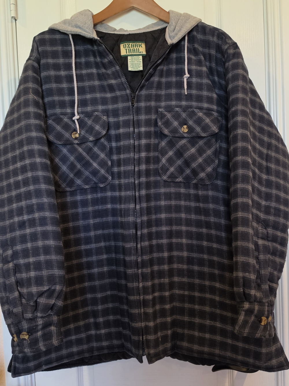 Ozark Trail Navy & Gray Plaid Hooded, Quilted Shirt Jacket